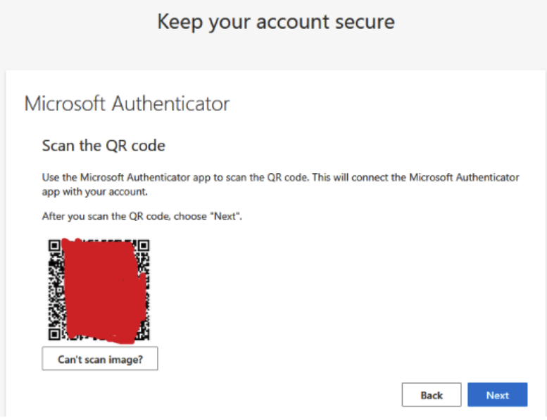 Picture of MFA step on PC. Picture reads: "Scan the QR code" with instructions to scan the onscreen QR code, then press Next to proceeds. Underneath there is placeholder QR code for demonstration. Buttons Back and Next are at bottom of the image.
